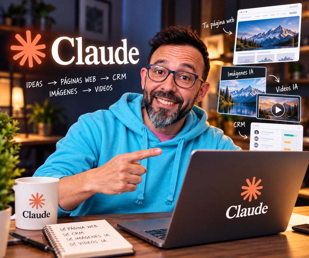 Álvaro Cofré apuntando a un notebook con el logo de Claude en la pantalla