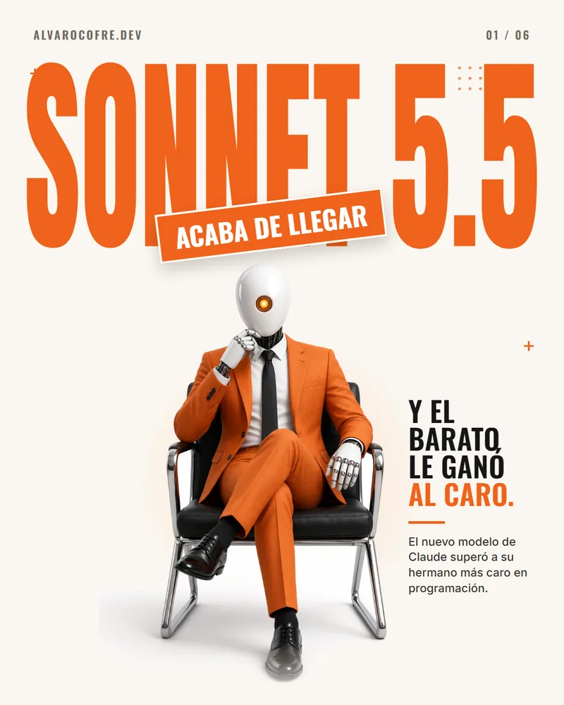 Sonnet 5.5, acaba de llegar. Un robot de traje naranjo sentado en un sillón y el texto: y el barato le ganó al caro.