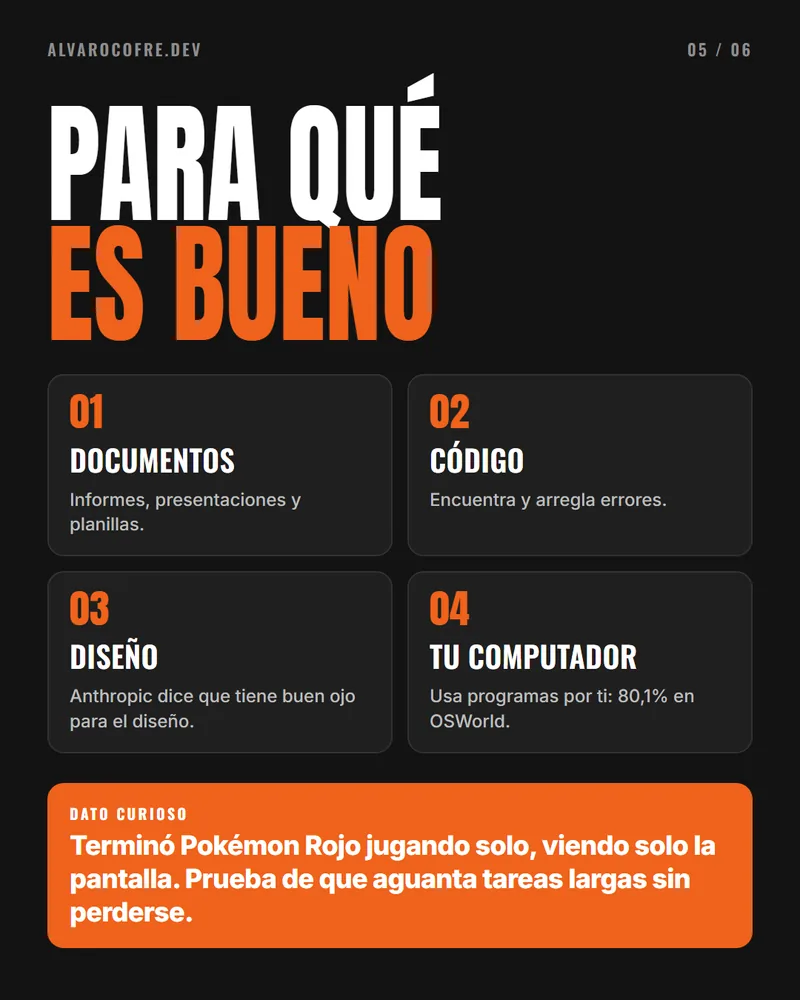 Para qué es bueno: documentos, código, diseño y usar tu computador. Dato curioso: terminó Pokémon Rojo jugando solo, viendo solo la pantalla.