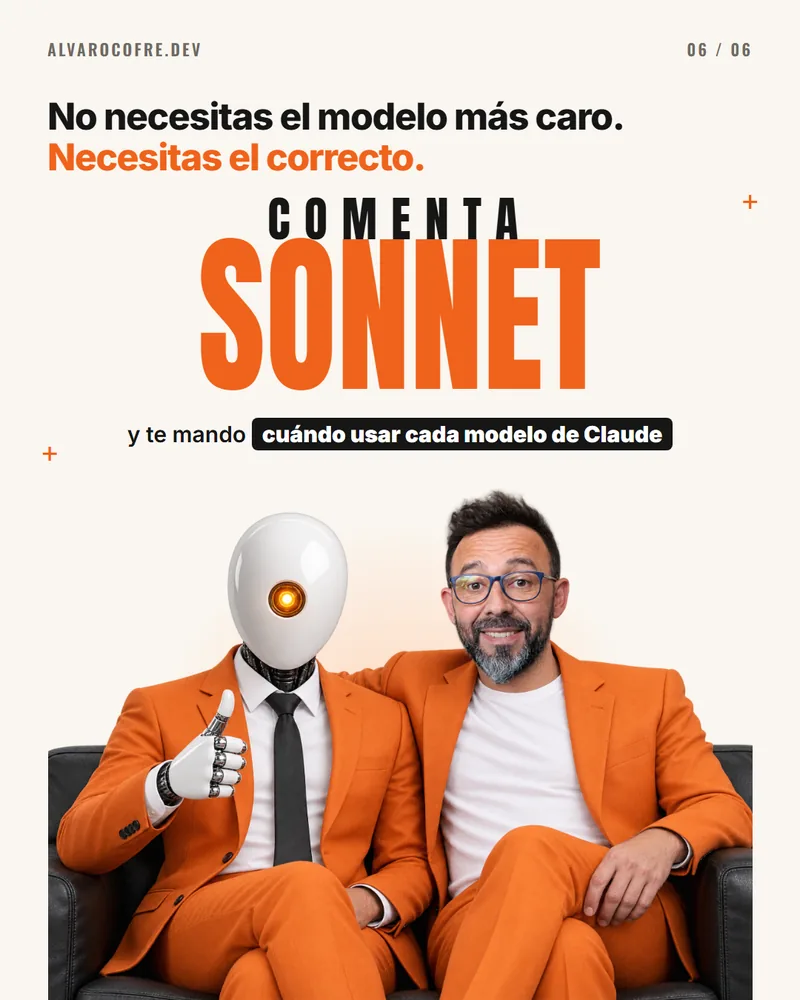 No necesitas el modelo más caro, necesitas el correcto. Álvaro Cofré junto al robot de traje naranjo, con la invitación a comentar SONNET.