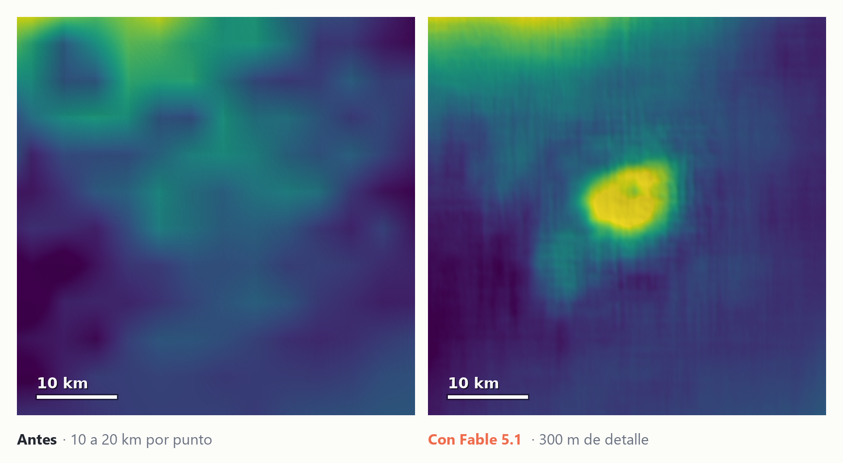 Dos mapas de elevación del mismo volcán de Venus lado a lado: a la izquierda la resolución anterior, borrosa, de 10 a 20 kilómetros por punto; a la derecha la que produjo Fable 5.1, con 300 metros de detalle, donde el volcán se distingue con claridad