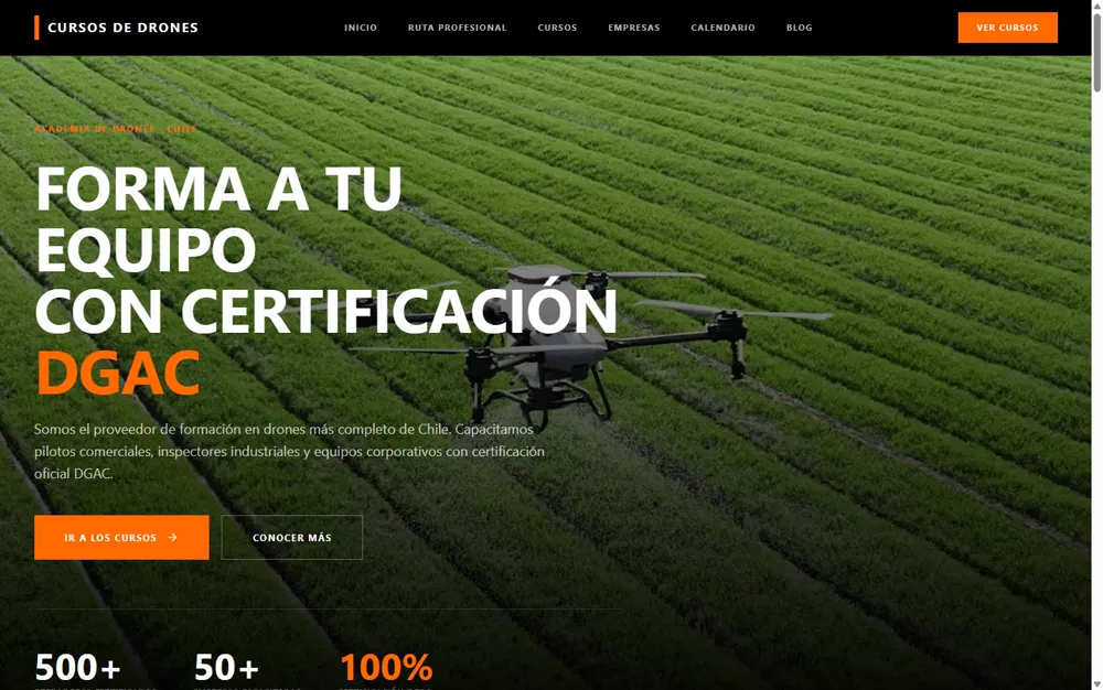 Sitio de Cursos de Drones mostrando el catálogo de cursos y el calendario por ciudad