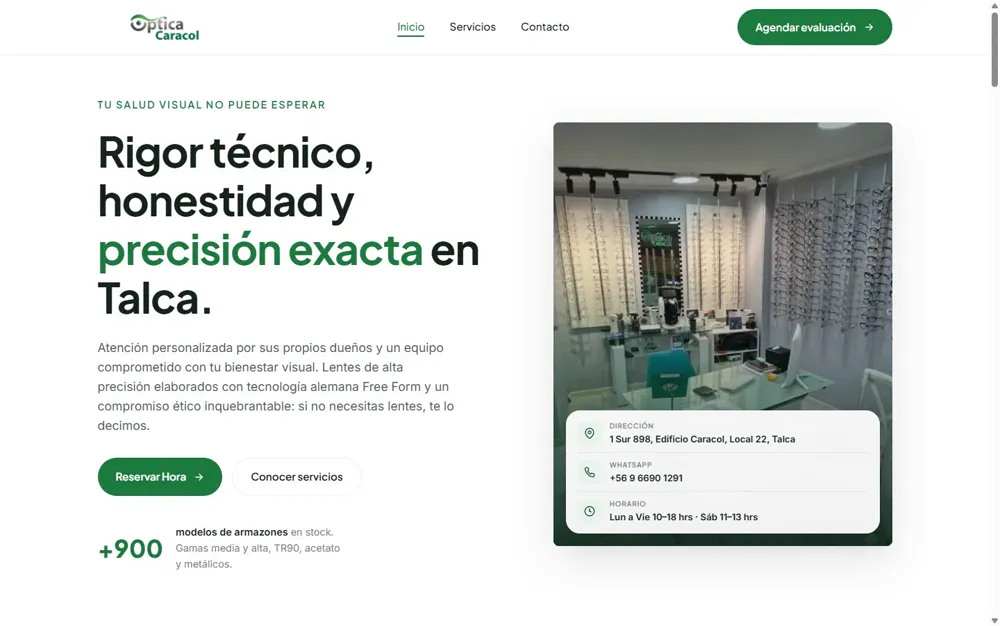 Landing de Óptica Caracol Talca mostrando el mensaje de honestidad y el agendamiento por WhatsApp