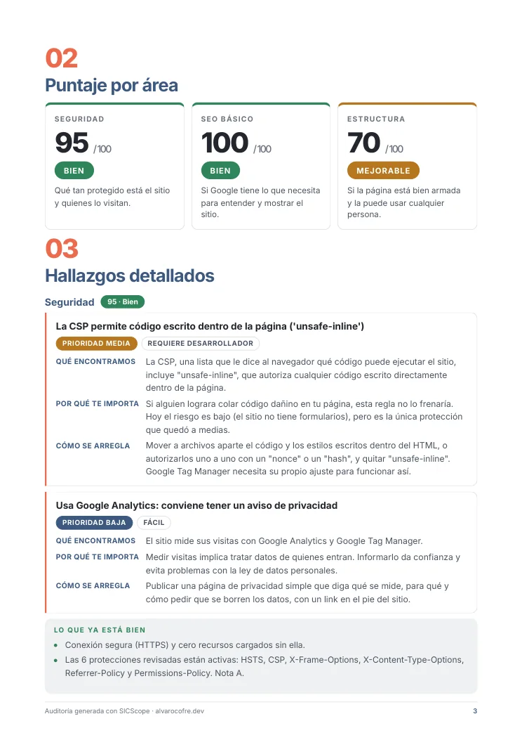 Página con el puntaje por área y los primeros hallazgos detallados