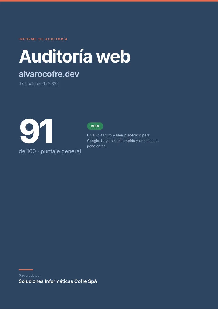 Portada del informe de ejemplo, con el puntaje general de 91 sobre 100