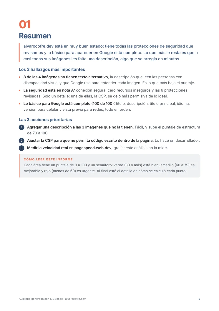 Página de resumen del informe, con los tres hallazgos y las tres acciones más importantes