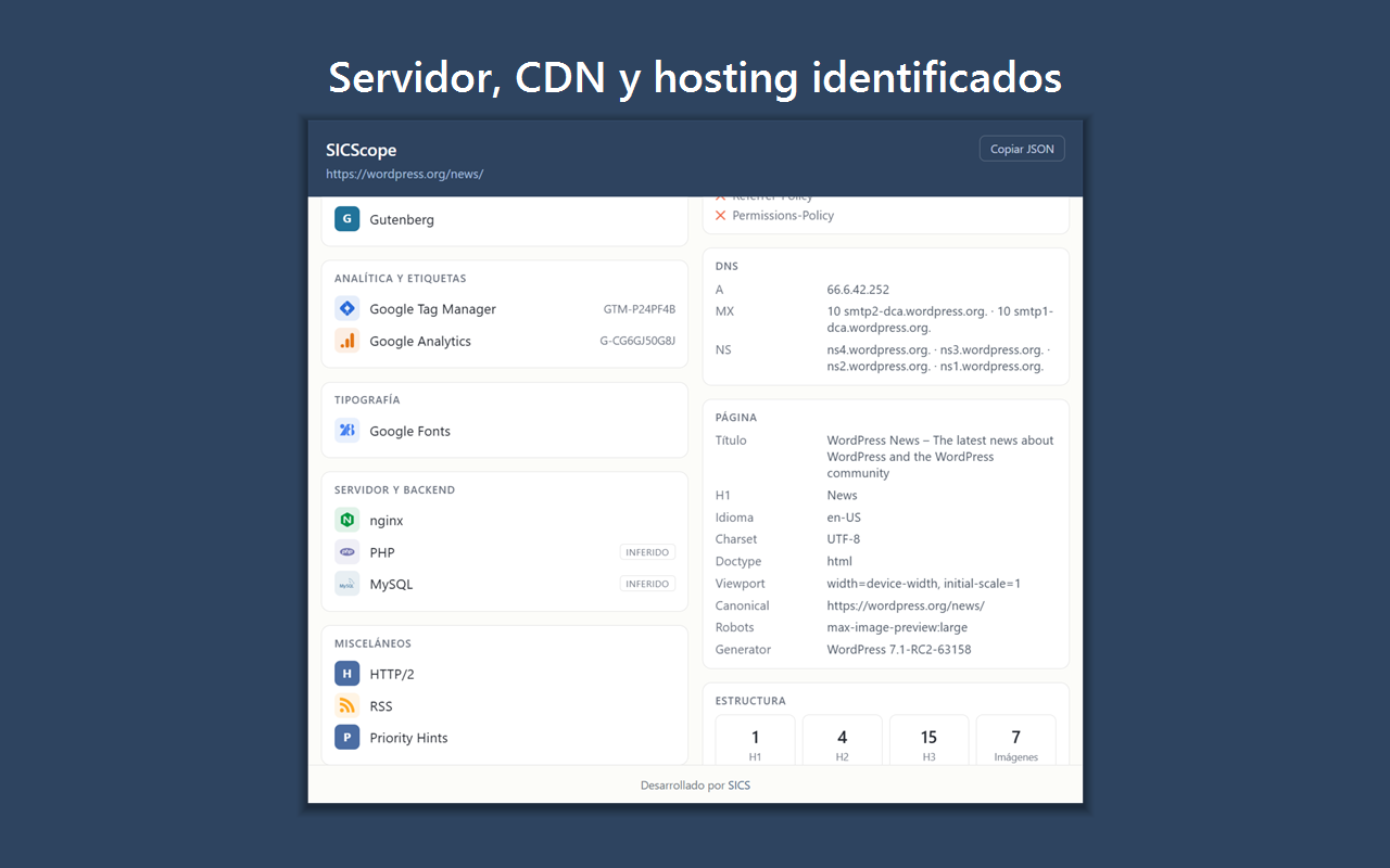 Panel de SICScope mostrando servidor, DNS resueltos y estructura de la página